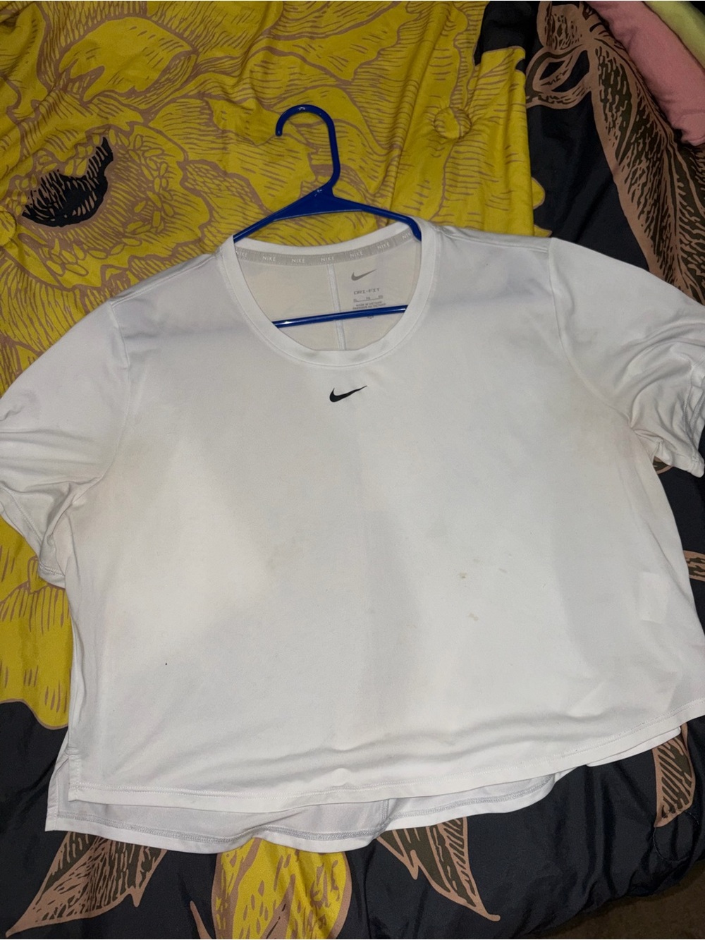 Nike White Cropped Dri-FIT Tee with Black Swoosh